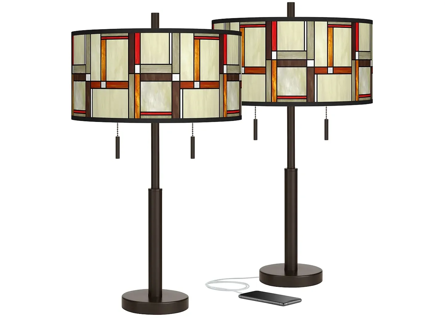 Giclee Glow Modern Squares Robbie Bronze USB Table Lamps Set of 2